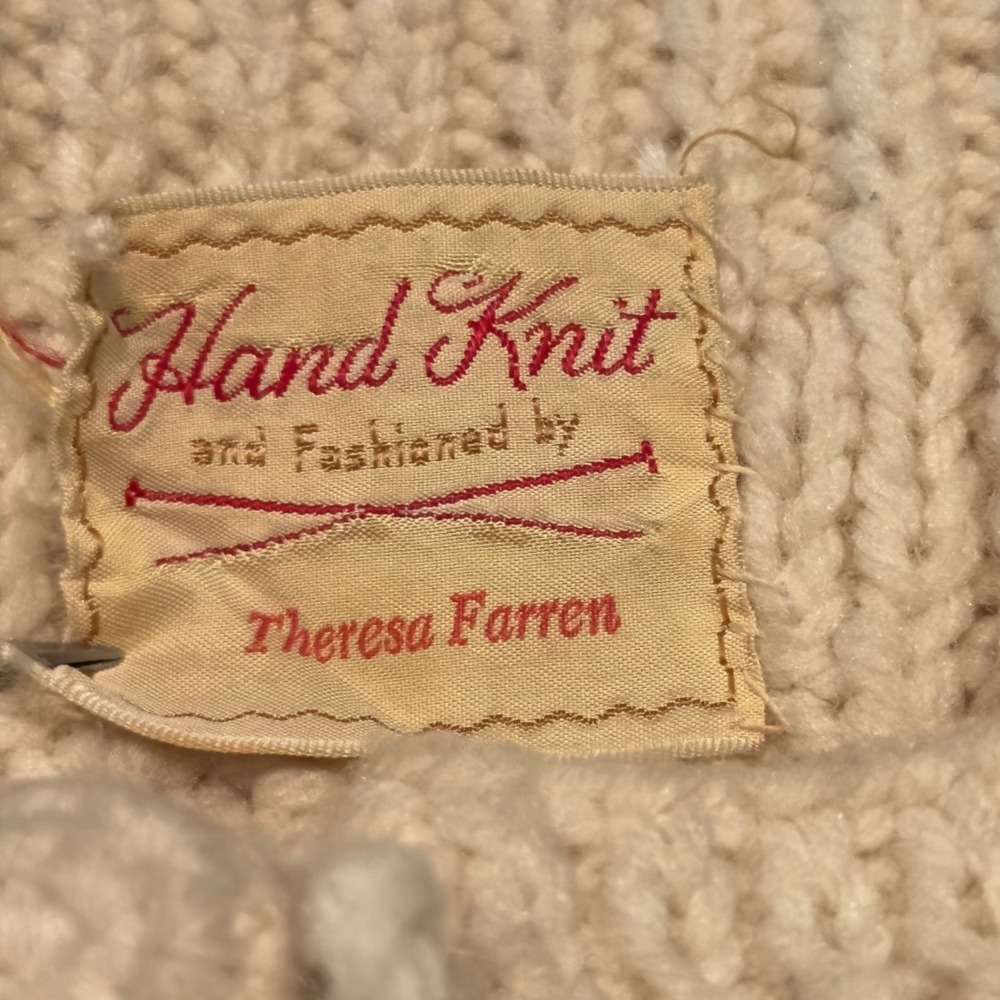 Theresa Farren Hand Knit Wool Aran Cardigan Cream Cable Bobble Fisherman Sweater - Picture 8 of 11